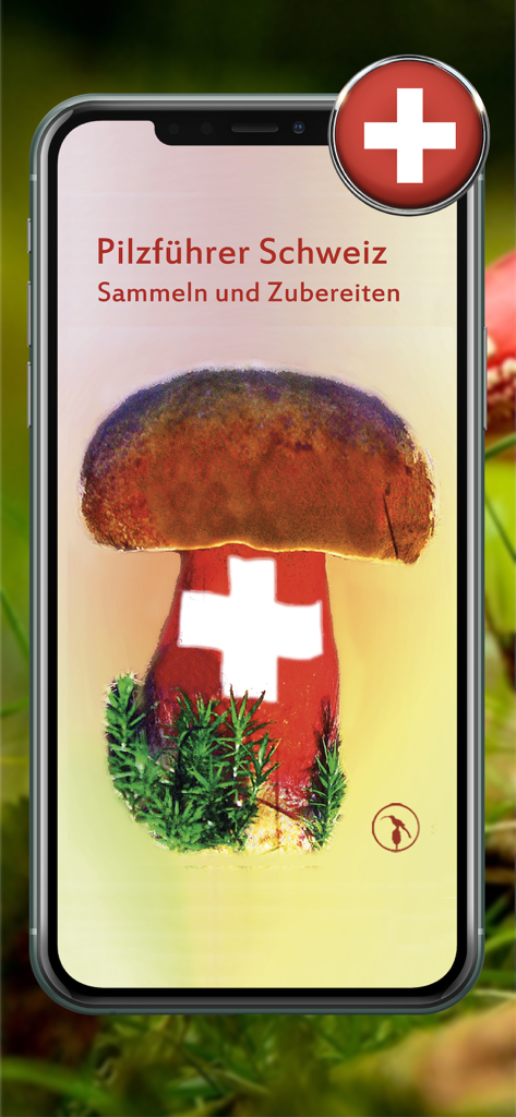 Écran d'accueil de l'application de guide des champignons Pilzfuehrer Schweiz présentant un champignon orné d'une croix suisse.