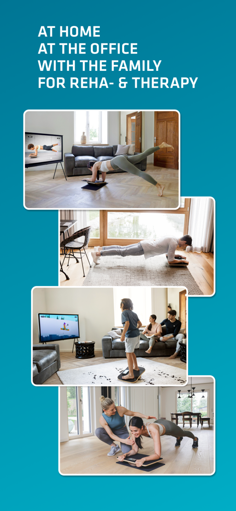 Un montaggio che mostra persone che usano Plankpad per l'allenamento del core a casa, in ufficio, con la famiglia e per la riabilitazione.