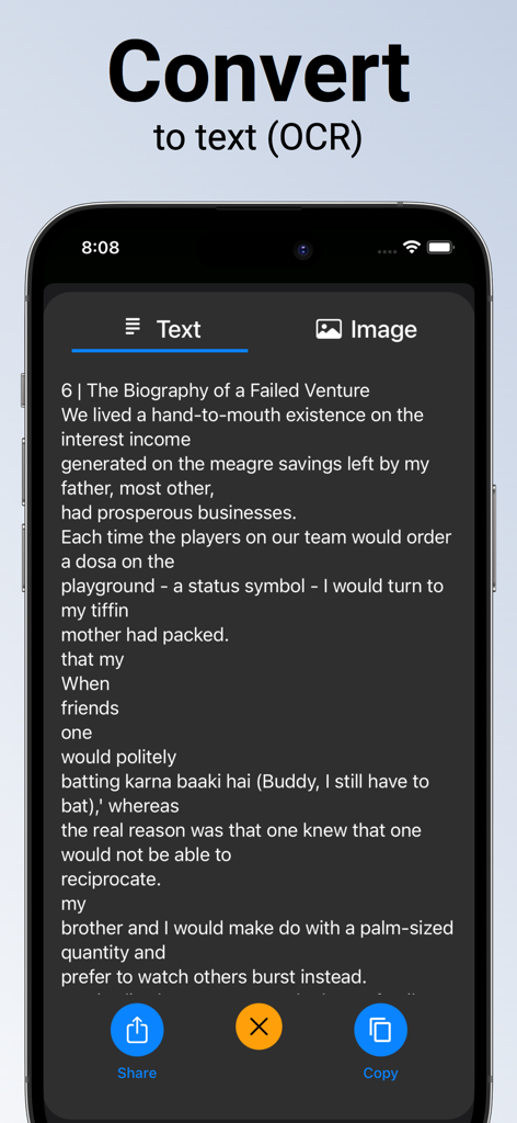 PDF document Scanner :Doc Scan - Una captura de pantalla de una aplicación móvil que muestra la función OCR convirtiendo un documento escaneado en texto editable