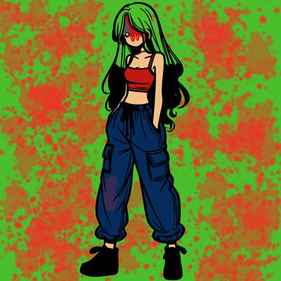 girl in baggy pants crop top and long hair