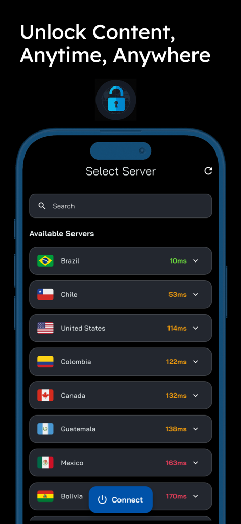 Interfaz de la aplicación Speed VPN que muestra una lista de servidores internacionales con velocidades de conexión y latencia