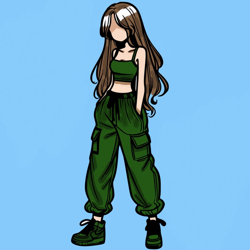 girl in baggy pants crop top and long hair