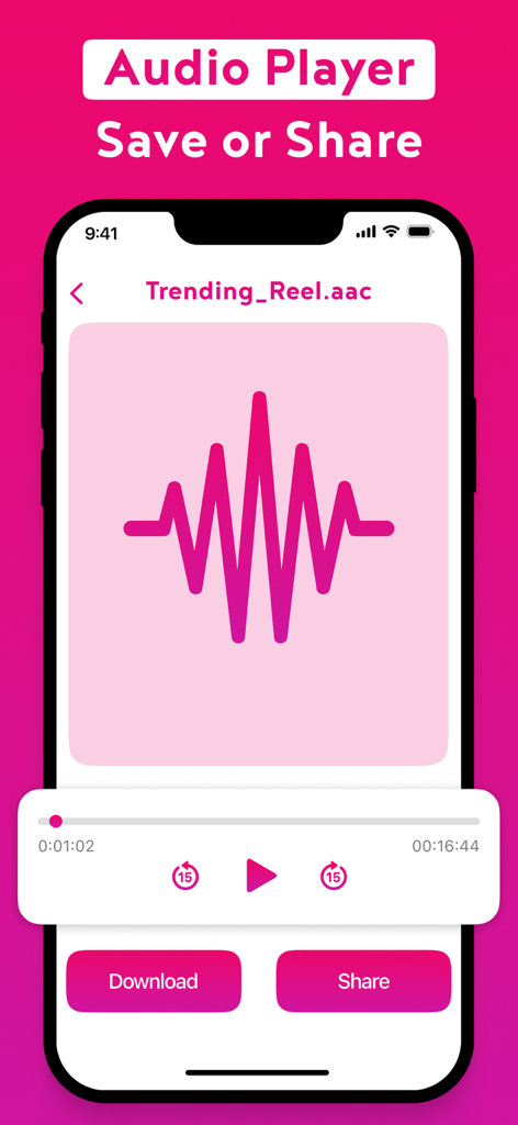 ClipTube: Video to MP3 Maker - Pantalla de la aplicación ClipTube que muestra un reproductor de audio para un archivo de vídeo convertido con botones de descarga y compartir