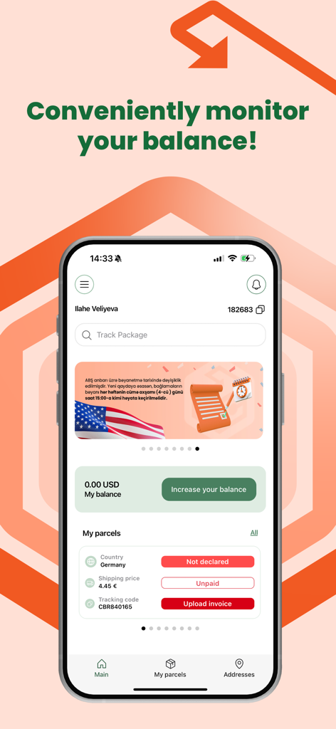 Colibri Yeni - Colibri Yeni mobile app dashboard showing account balance and international parcel tracking status