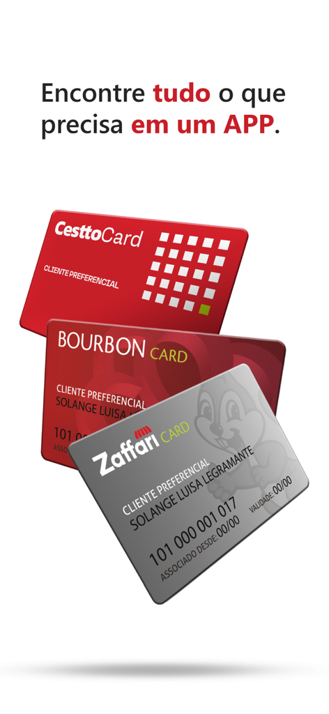 Cartões Zaffari Bourbon Cestto - Graphic showing Zaffari Bourbon and Cestto store credit cards for the mobile finance app