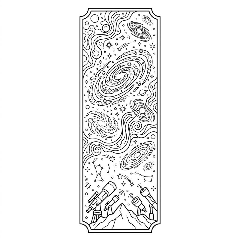 Embark on an interstellar coloring adventure with this unique astrophotography bookmark. Featuring a breathtaking array of galaxies, stars, and telescopes, it's perfect for space enthusiasts to color and enjoy.