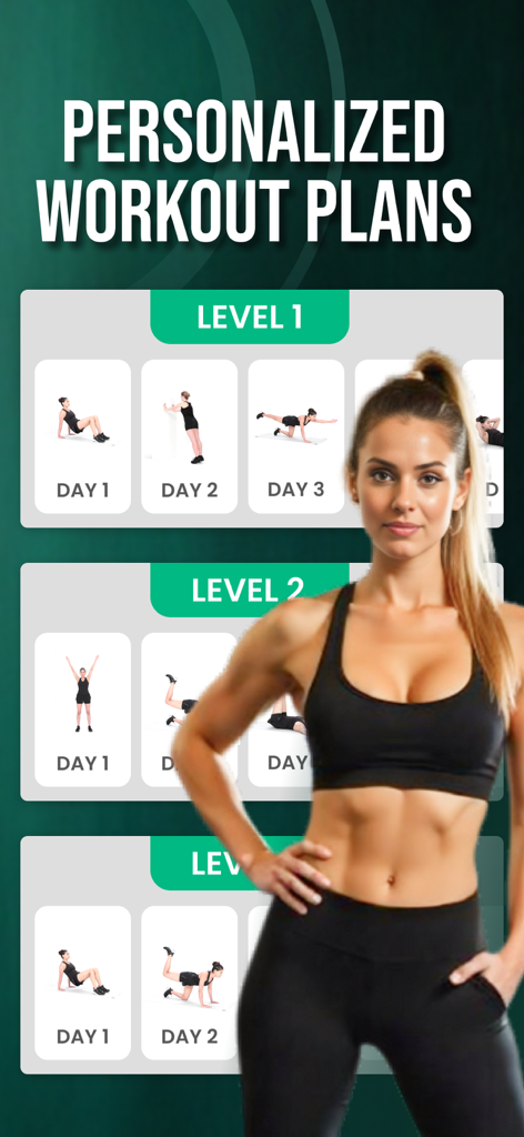 Interfaz de aplicación móvil mostrando planes de entrenamiento personalizados con múltiples niveles de dificultad y ejercicios diarios
