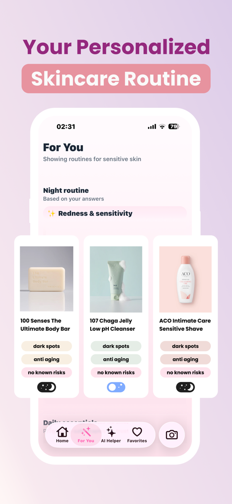MamaSkin App-Oberfläche zeigt eine personalisierte, schwangerschaftssichere Hautpflegeroutine mit Produktempfehlungen