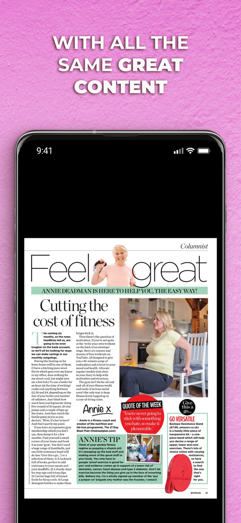 Woman Magazine - Un smartphone mostrando un artículo digital de fitness de Woman Magazine sobre un fondo rosa.