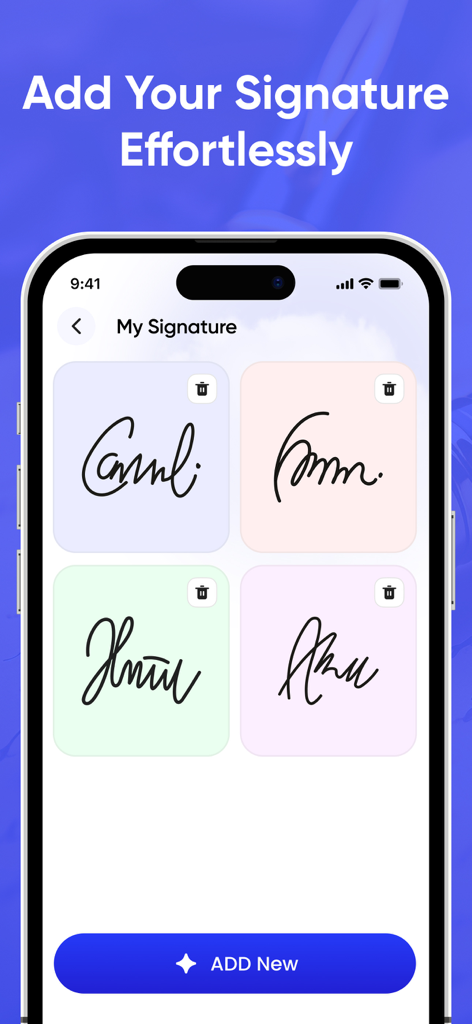 DigiSign - Sign PDF & Document - Ein Smartphone-Bildschirm, der die DigiSign-App-Oberfläche anzeigt, auf der Benutzer ihre gespeicherten handschriftlichen Signaturen anzeigen und verwalten können.