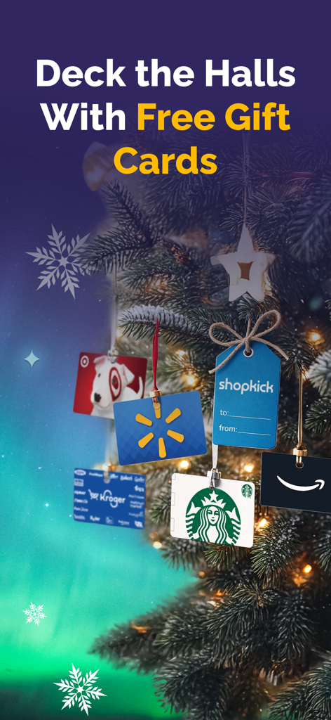 Shopkick: Rewards Sidekick - A Christmas tree decorated with gift cards from Walmart Target and Starbucks as Shopkick rewards