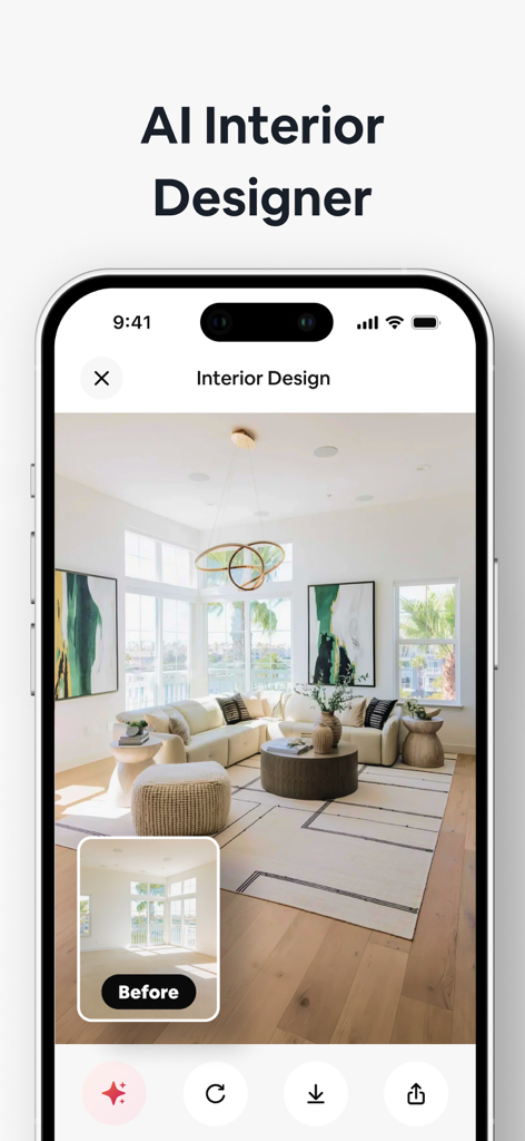 AI Interior Designer app interface showing a before and after transformation of an empty room into a modern furnished living room