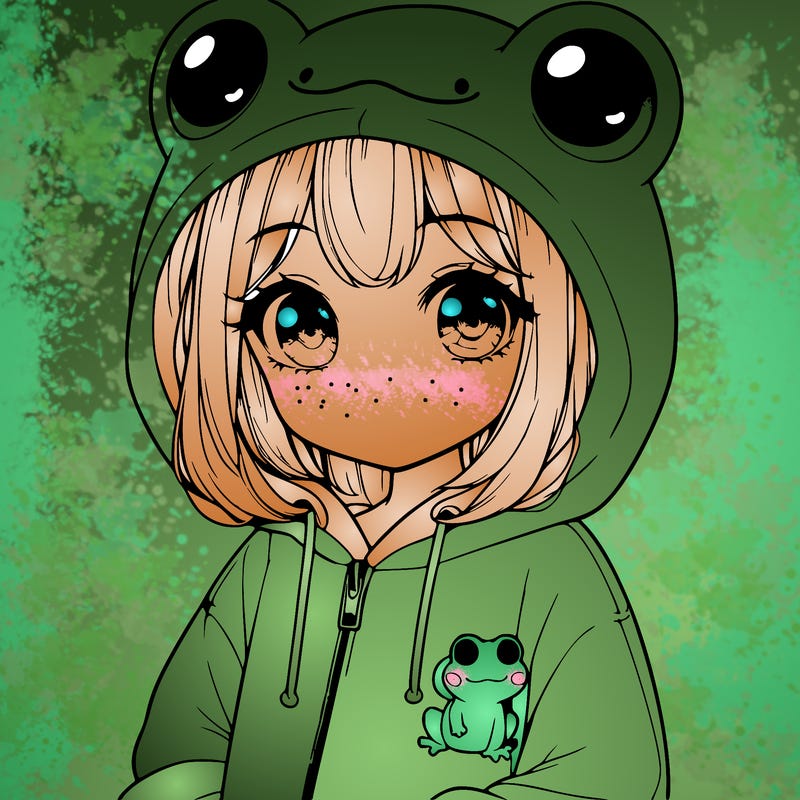 cute realistic girl in a froggy hoodie