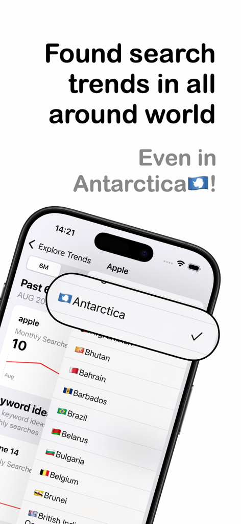 Mobile app interface of KAI showing global search trends and keyword data for multiple countries including Antarctica.