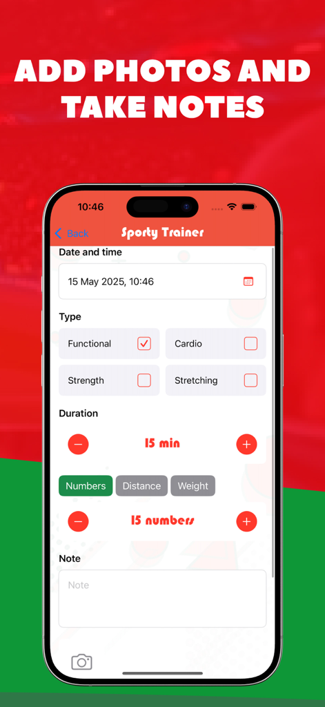 Sporty Trainer - Workout log entry screen in Sporty Trainer app showing activity type and duration options