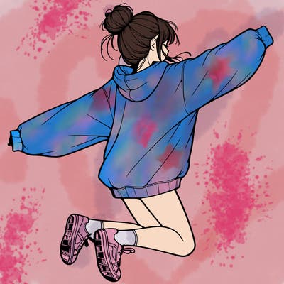 realistic girl jumping with a bun and oversized sweatshirt