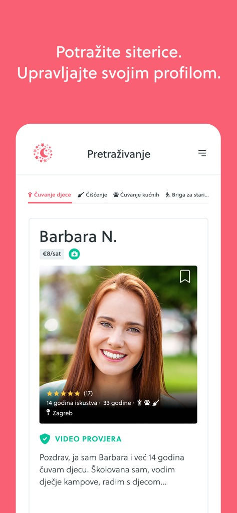 Interfaz de la aplicación móvil Siterice.hr que muestra un perfil de niñera verificado con calificación y experiencia