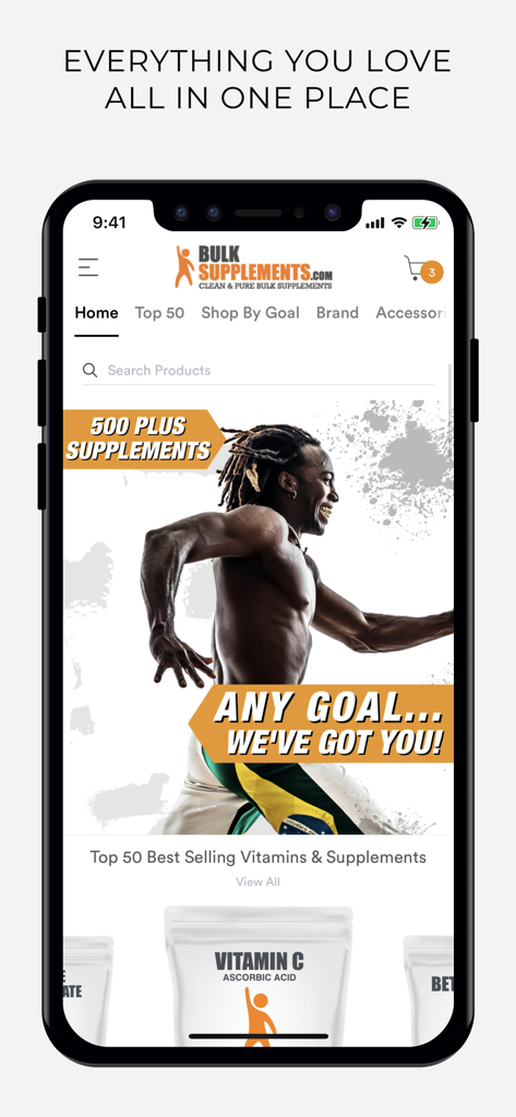 BulkSupplements Mobile App Home-Oberfläche mit reinen Bulk-Vitaminen und Fitnessprodukten mit einer Suchleiste