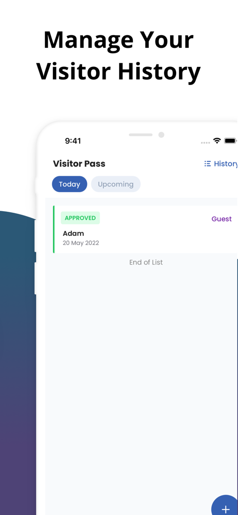 Veemios app screen showing visitor pass history and approved guest entry
