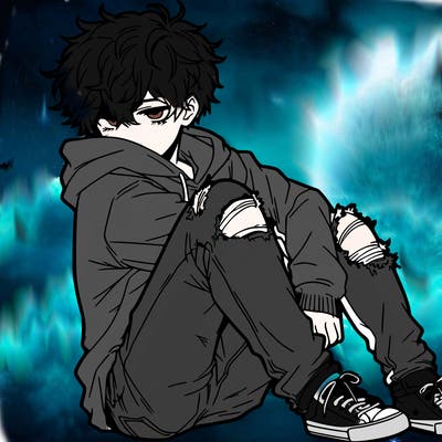 a male hoddie ripped jeans messy hair anime