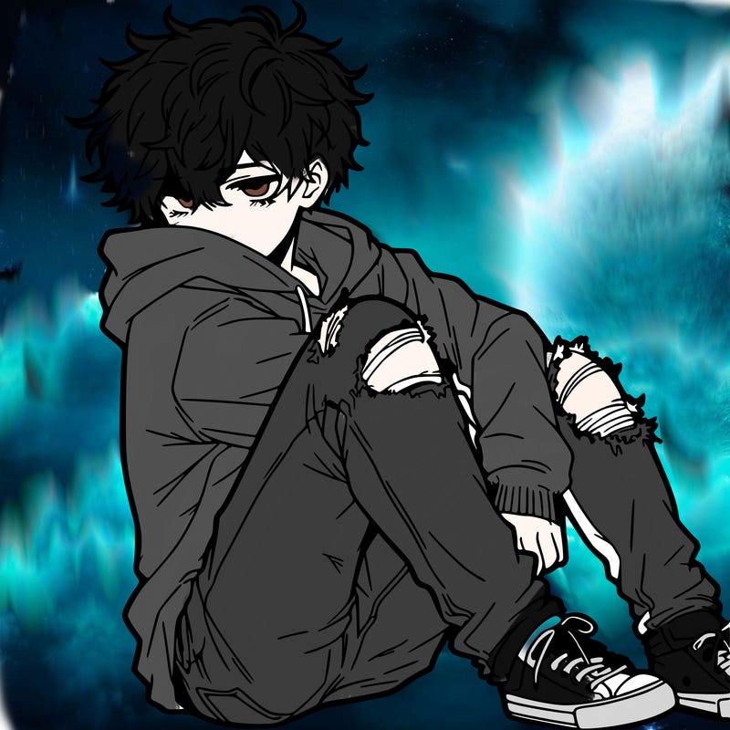 a male hoddie ripped jeans messy hair anime