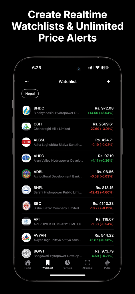 Nepsense app interface displaying a real-time watchlist of stocks from the Nepal Stock Exchange