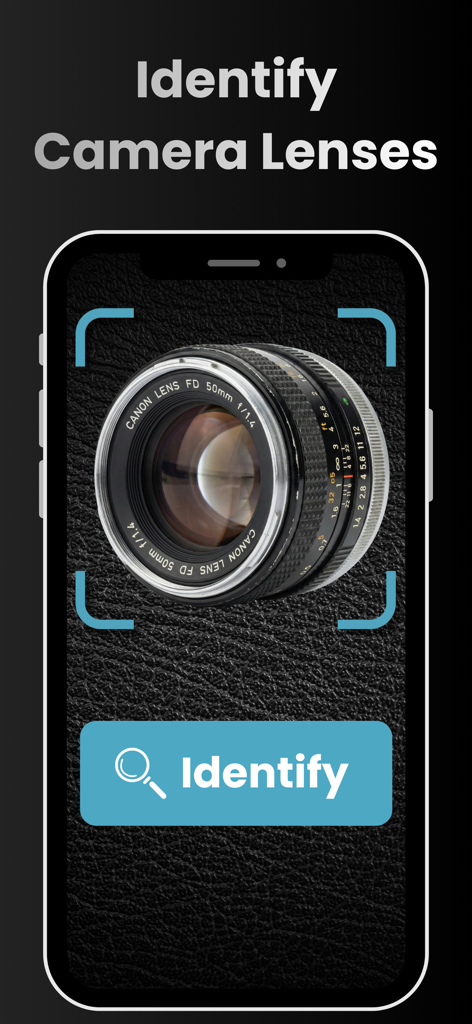 Camera Lens Identifier - Camera Lens Identifier app interface showing a smartphone scanning a Canon vintage lens with an identify button
