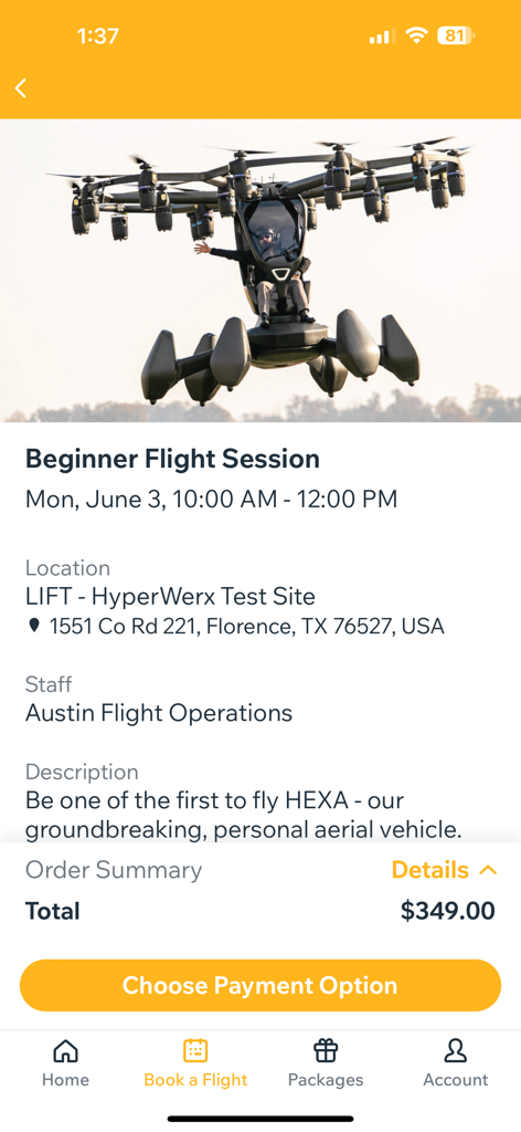 LIFT Aircraft - Booking summary screen in the LIFT Aircraft app for a beginner flight session in a HEXA personal aerial vehicle
