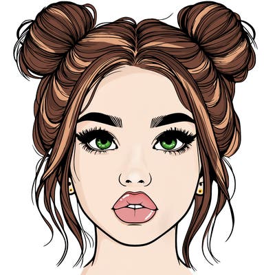 realistic girl with two buns on her hair and lips
