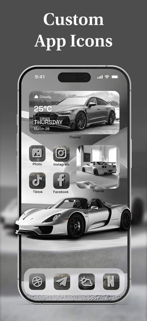 Écran d'accueil de smartphone personnalisé avec un thème de voiture de luxe et des icônes d'applications en niveaux de gris