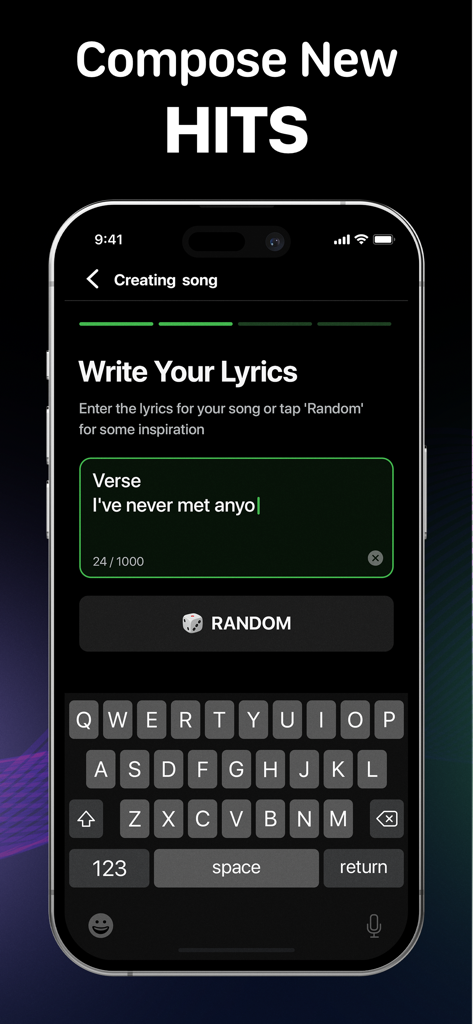 Beatz: AI Song・Cover Generator - Mobile app interface for writing song lyrics with an AI random generator button