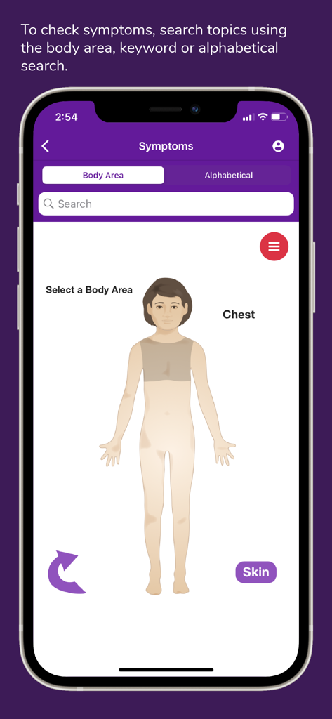 Pediatric SymptomMD - Écran de l'application Pediatric SymptomMD montrant un diagramme interactif du corps de l'enfant pour sélectionner les symptômes par zone.