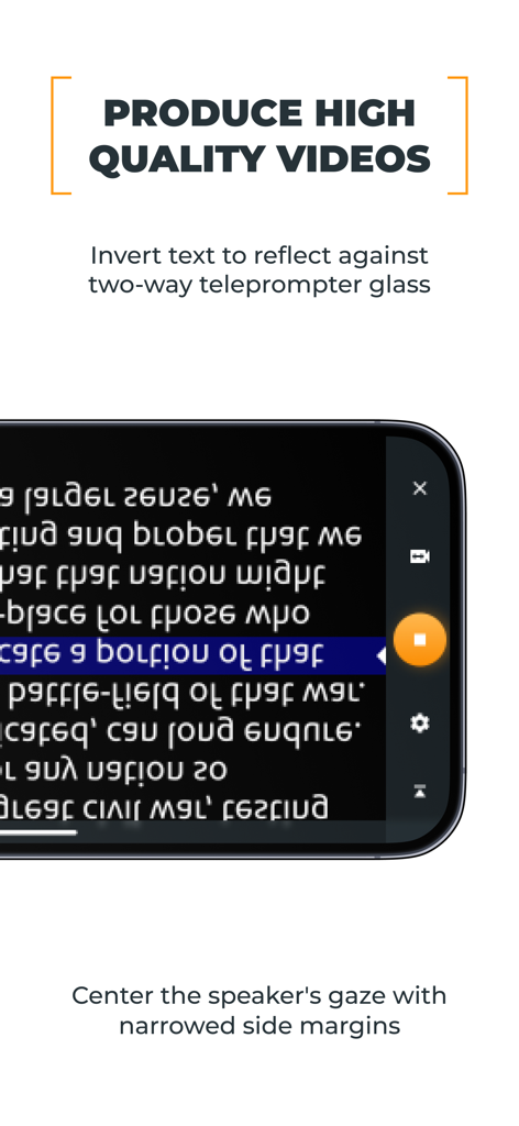 App interface showing mirrored text for use with professional teleprompter glass