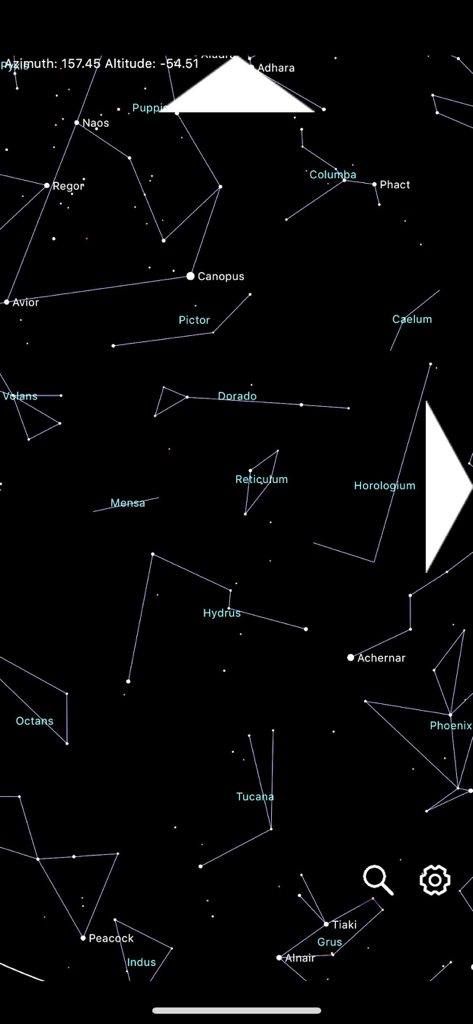 Constellation Map mobile - ラベル付きの星座と天体座標が表示されたスターチャートを示すモバイルアプリのインターフェイス
