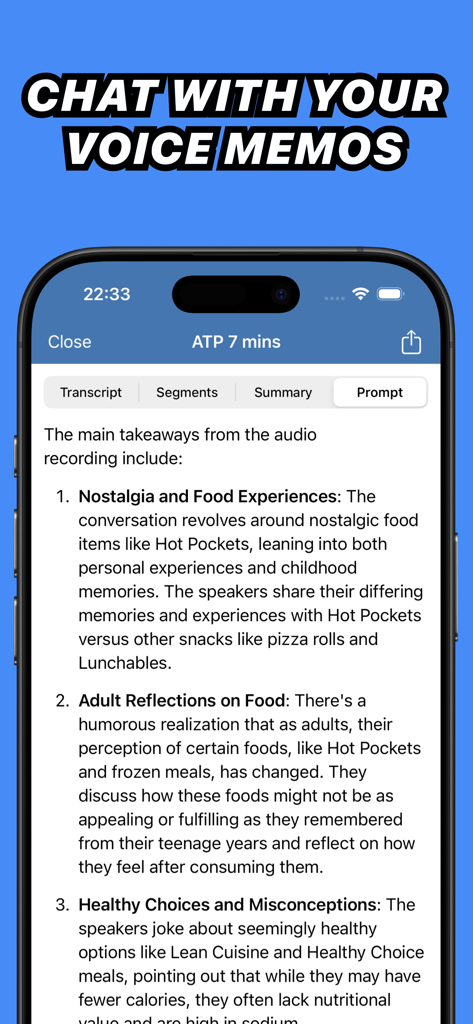 A smartphone screen displaying an AI generated summary of a voice memo within the Whisper Transcription app
