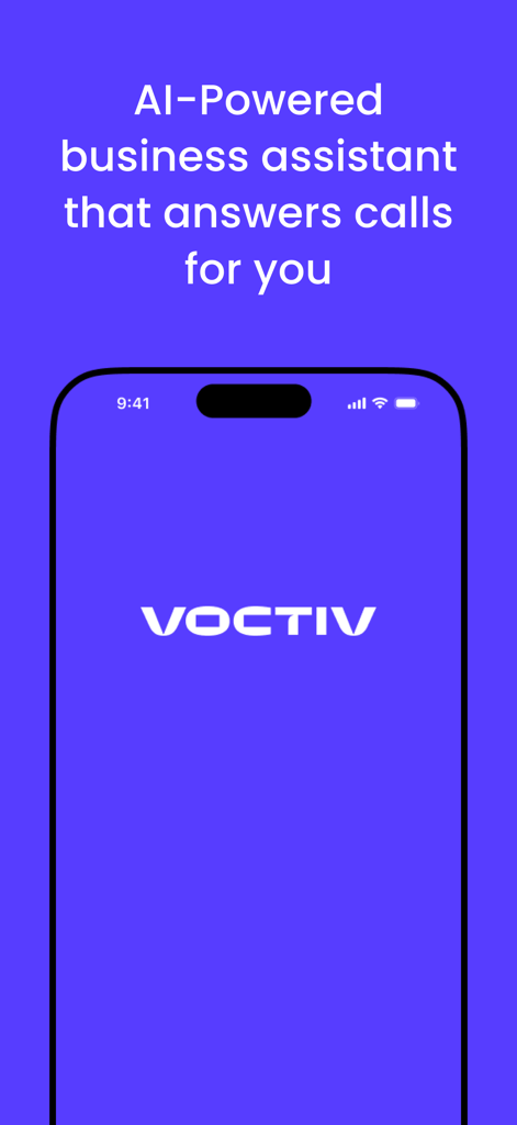 Voctiv - AI call assistant - Voctiv app interface featuring an AI-powered business assistant that answers calls for you