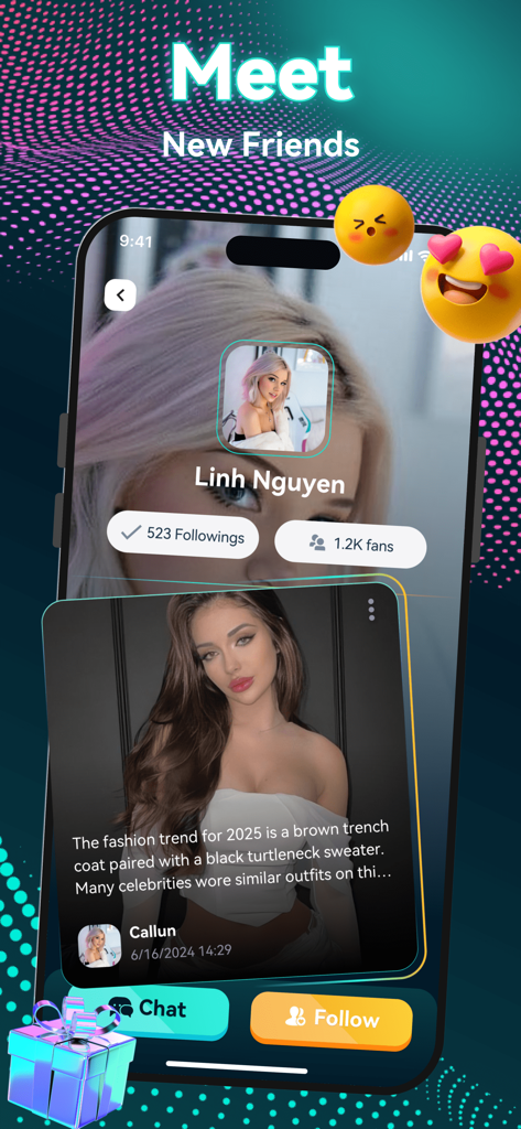 Outfy Mobile App-Oberfläche, die ein Benutzerprofil mit Schaltflächen zum Folgen und Chatten zum Kennenlernen neuer Freunde anzeigt.