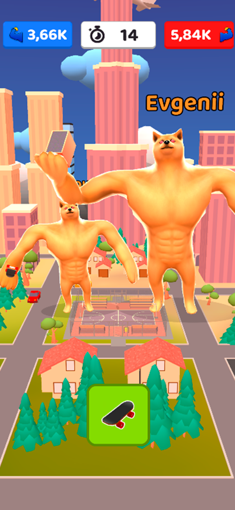 Workout Lifting: Strong Hero - Two giant muscular dog characters competing in a city environment in the Workout Lifting Strong Hero game