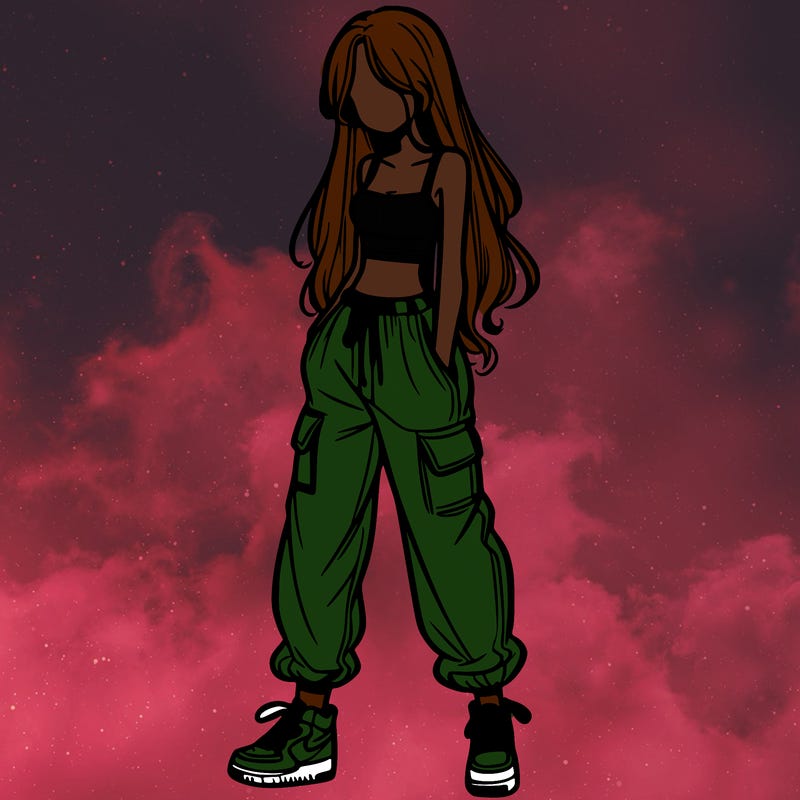 girl in baggy pants crop top and long hair