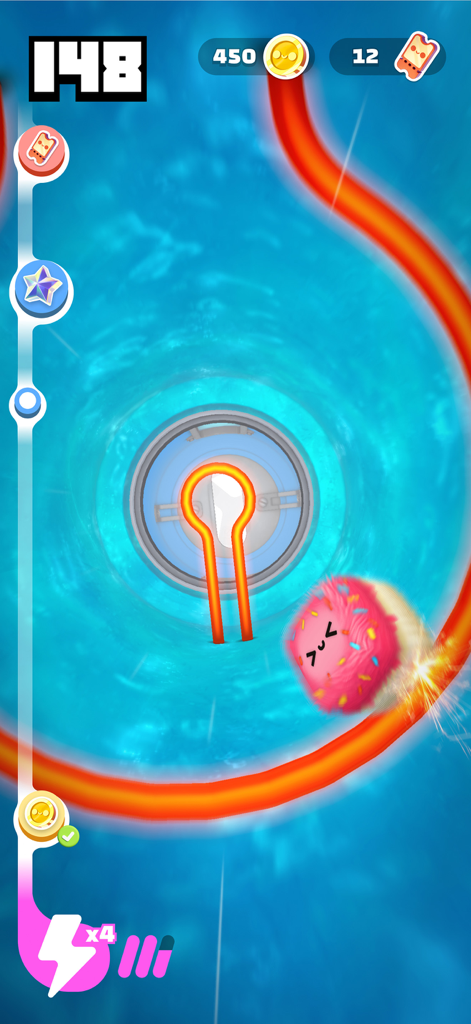 Ein pinker, flauschiger Charakter mit Streuseln, der roten, heißen Hindernissen in einem blau wirbelnden Tunnel ausweicht.