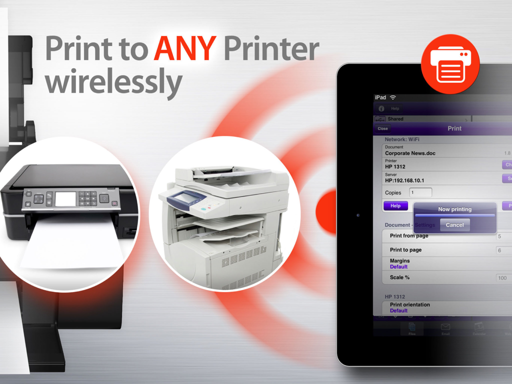 iPad showing the Print n Share Pro app interface next to office printers with text explaining wireless printing to any printer
