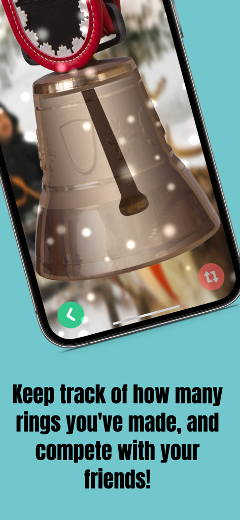 Bell Ringer - A realistic silver bell on a smartphone screen with text about tracking and competing on ring counts.