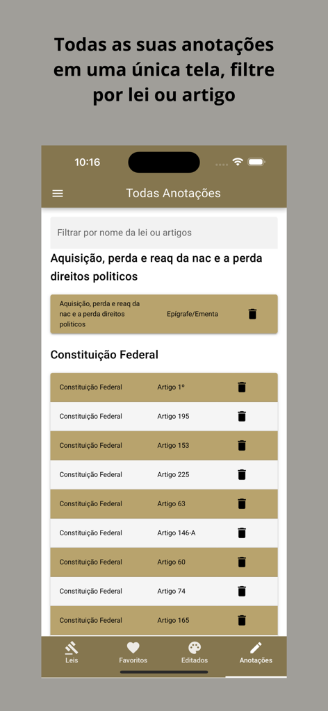 Interfaz de la app Vade Mecum Pro mostrando una lista de anotaciones legales con un filtro de búsqueda para leyes y artículos.
