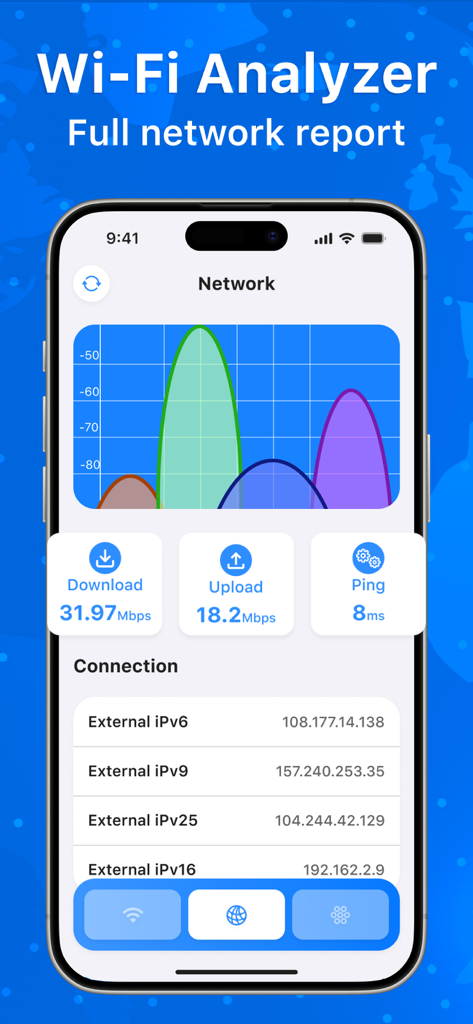 WIFI analyzer. Network scanner - Interfaz de aplicación móvil que muestra el gráfico de intensidad de la señal Wi-Fi y métricas de velocidad de red