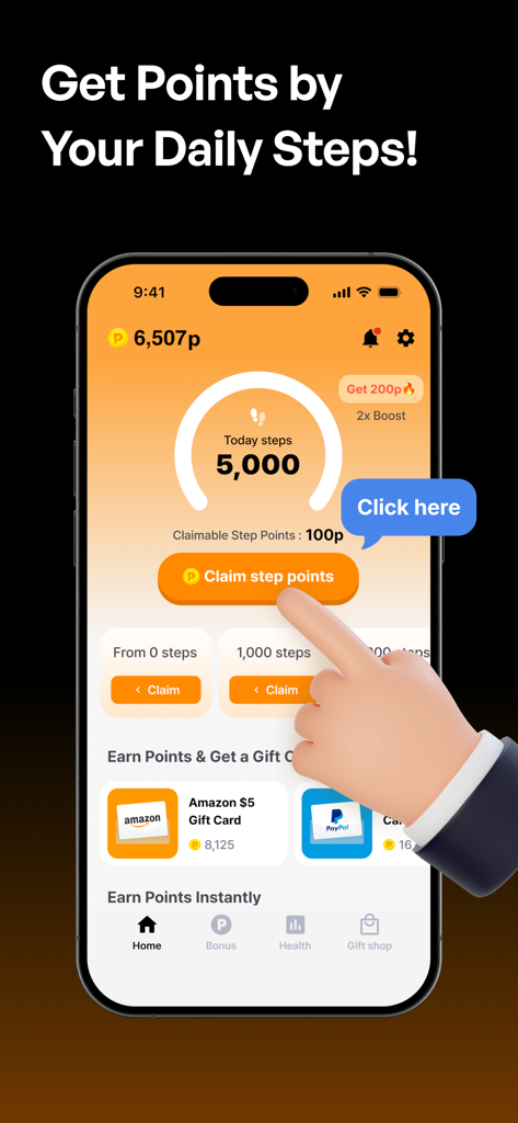 Moneywalk app screen showing steps tracked and points to claim for gift cards