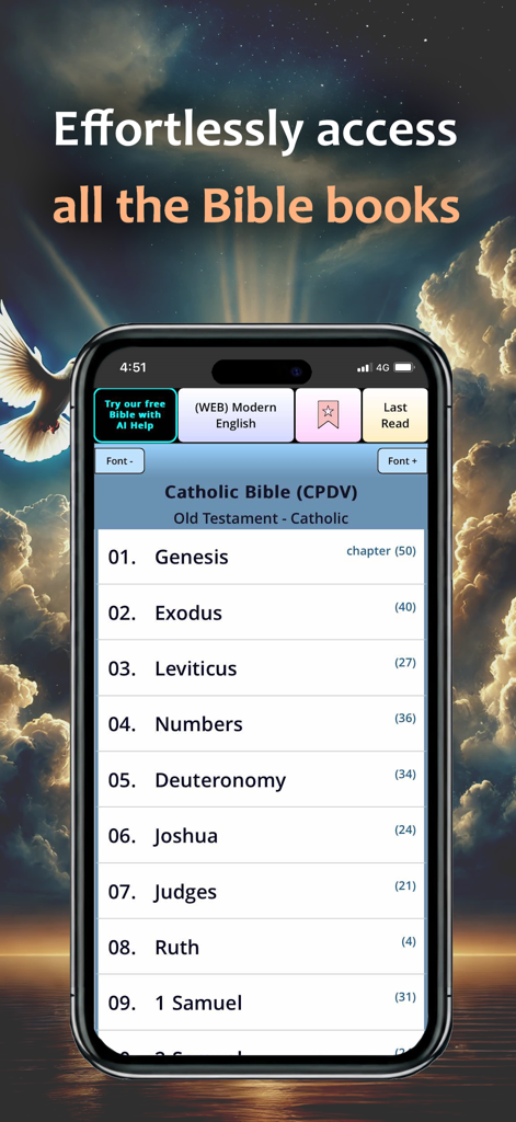 Interfaz de una aplicación móvil que enumera libros de la Biblia Católica como Génesis y Éxodo sobre un fondo espiritual