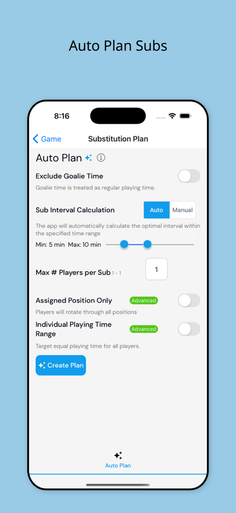 SubTime app interface for setting up an automatic player substitution plan.