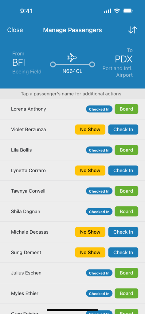A mobile interface for managing airline passenger check-in and boarding status for a regional flight