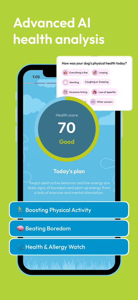 Dawgz AI - Health & Training - Dawgz AI mobile app interface showing a dog health score of 70 and personalized daily training plans