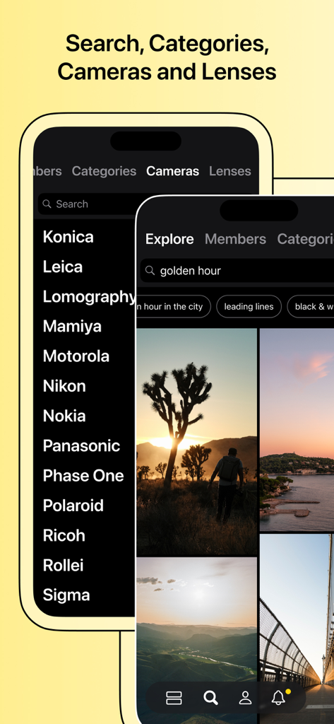 Glass app interface for searching photography by camera brands and categories
